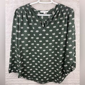 FUN 2 FUN Dark Green Floral Print Blouse Top V-notch Medium
